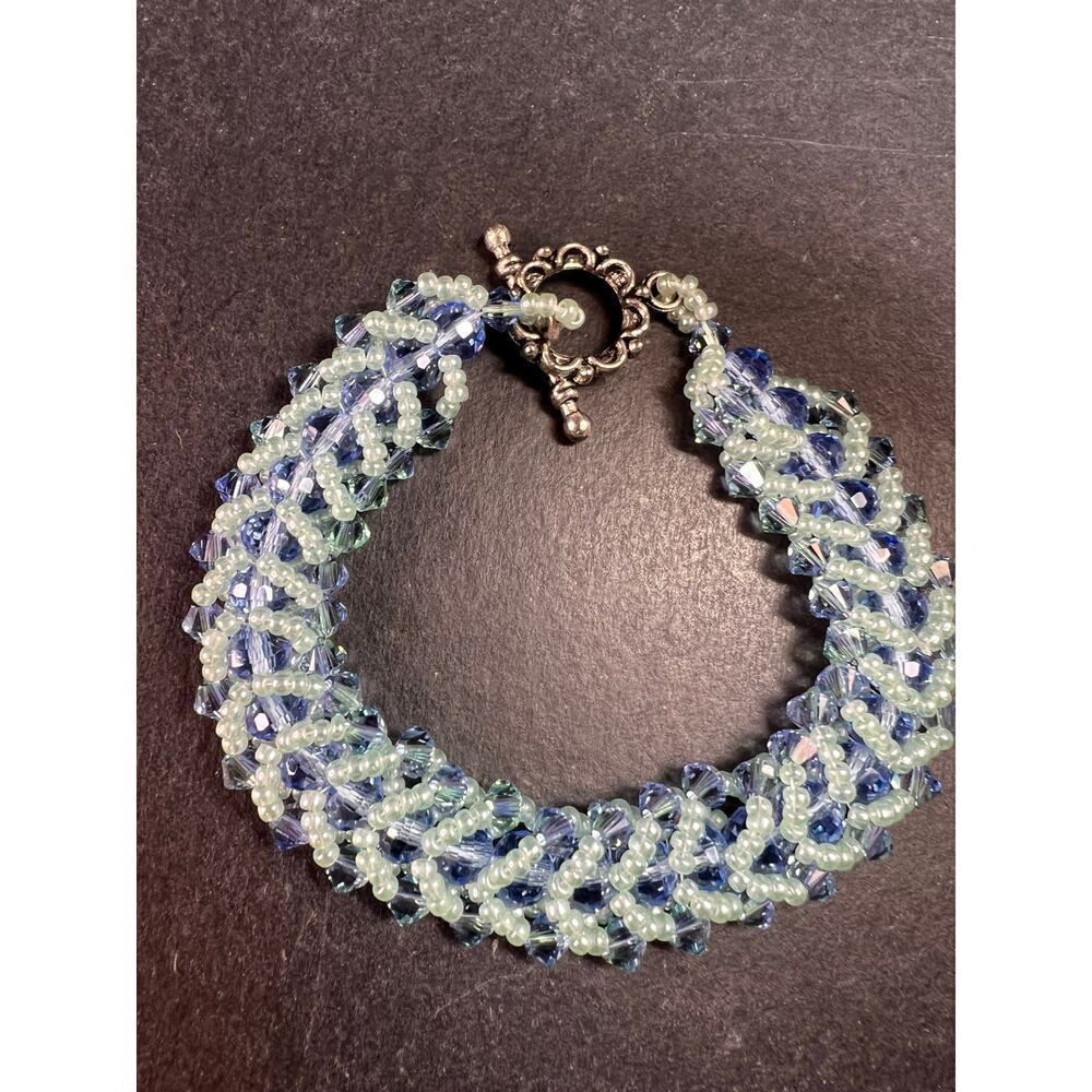 Vintage Blue & Green Crystal Beaded Chevron Braid Toggle Bracelet Y2K